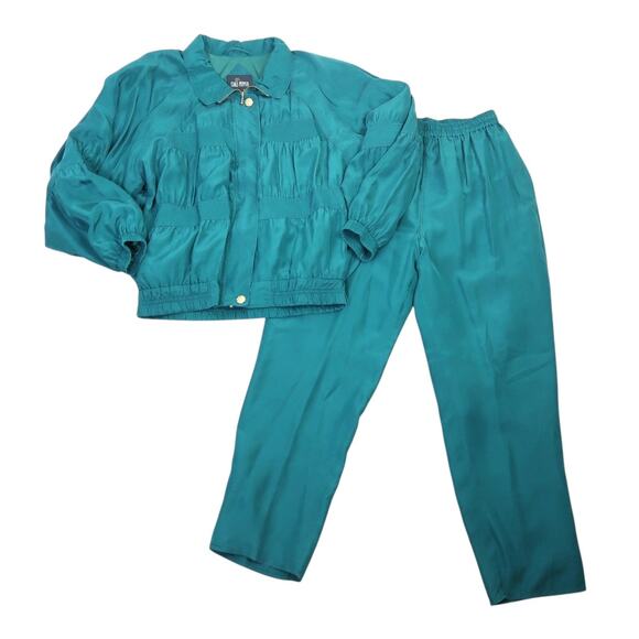 Vintage 90s Chili Pepper Teal Green Ruched Silk Track Suit Set L - Picture 1 of 7